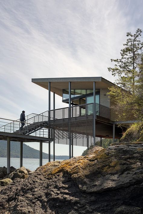 PBW architects nestles boathouse between sea and woodland Boathouse Design, San Juan Islands Washington, Interior Cladding, Open Architecture, Wood Railing, Orcas Island, Washington Usa, San Juan Islands, Boat Dock