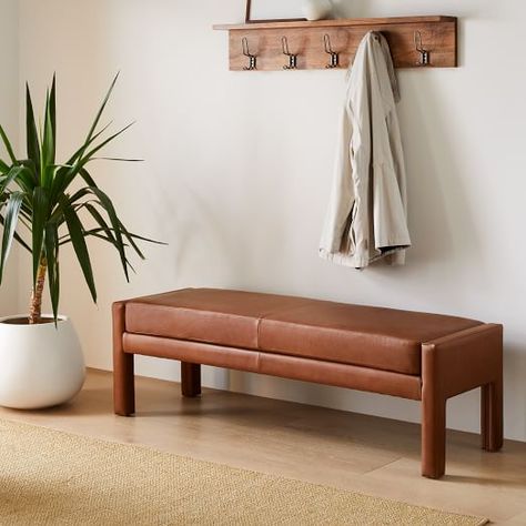 Leather Bench Entryway Decor, Leather Entryway Bench, Bench In Entryway, Small Entry Bench, Low Credenza, Storage Bench Entryway, Sf House, West Elm Bench, Leather Storage Bench