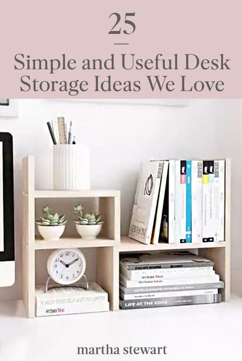 Work Desk Storage, Tiny Desk Organization Ideas, Work Desks Ideas, Over Desk Organization, Desk Organization For Small Spaces, Drawerless Desk Organization, Desk Organization Notebooks, Home Office Desktop Organization, Office Desk Shelf