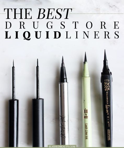 These 5 eyeliners are the best drugstore liquid liners out there right now! Find out why. | Slashed Beauty Drugstore Liquid Eyeliner, Best Cheap Eyeliner, Best Drugstore Liquid Eyeliner, Apothecary Beauty, Target Skincare, Best Liquid Eyeliner, Makeup Mafia, Drugstore Eyeliner, Cheerleading Competition