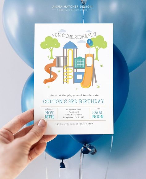 Joyous Kids Invitation Designs for Birthdays Two Year Old Park Birthday Party, Outdoor Playground Birthday Party, 1st Birthday At The Park, Park Birthday Party Themes, Playground Themed Birthday Party, First Birthday At The Park, Park Birthday Invitations, Park Themed Birthday Party, Park Birthday Party Ideas