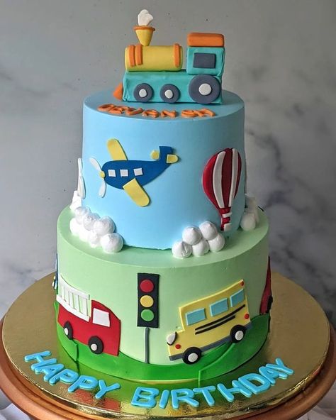 Transport Theme Cake, Transportation Cake, Car Shaped Cake, Cars Cake Design, Toddler Birthday Cakes, Cars Theme Cake, Second Birthday Cakes, Cake Designs For Kids, Baby Boy Birthday Cake