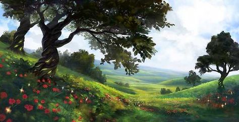 Fantasy art collection - Imgur Fantasy Fields, Fantasy Stuff, Digital Art Gallery, Fantasy Places, Fantasy Art Landscapes, 판타지 아트, Landscape Trees, Summer Pictures, Environmental Art