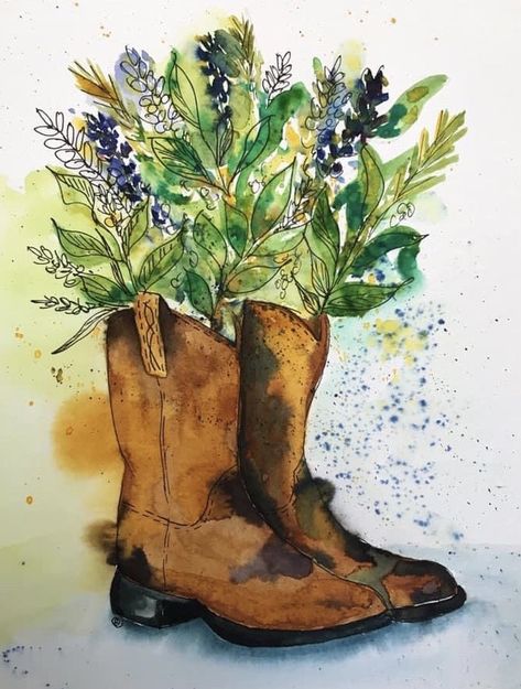 Cowboy Boots With Flowers, Watercolor Cowboy, Boots With Flowers, Diy Tapestry, Watercolor Calendar, Flowers Watercolor, Watercolor Sketch, Cozy Room, Canvas Art Painting