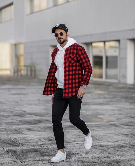 Embrace 2024's Men's Flannel Trends: Street to Formal Looks Mens Red Flannel Outfit, Red Flannel Men Outfit, Red And Black Flannel Outfit Men, Red Plaid Shirt Outfit Men, Casual Outfits Flannel, Red Flannel Outfit Men, Men Flannel Outfits, Red Flannel Outfit, Flannel Clothing