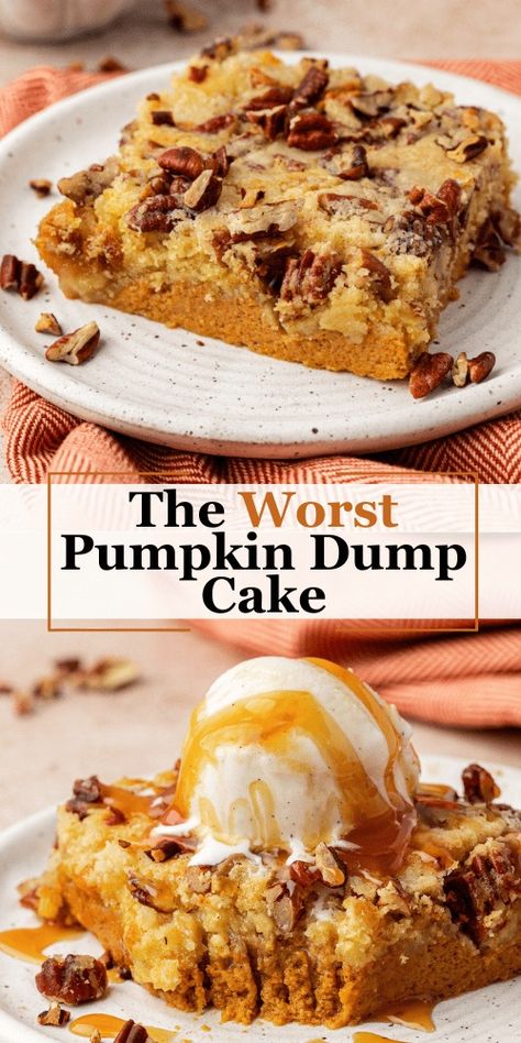 This 8 ingredient pumpkin dump cake has 718,000 views and counting, which is no surprise since it’s equally easy and delicious. Just mix, dump and bake - in under 1 hour you’ll have a family favorite pumpkin dessert that will have guests begging for more! Dump Cake Easy, Pumpkin Dump Cake Recipe, Pumpkin Dump, Dump And Bake, Pumpkin Crunch Cake, Dump Cake Recipe, Pumpkin Crunch, Dump Cake Pumpkin, Most Popular Desserts