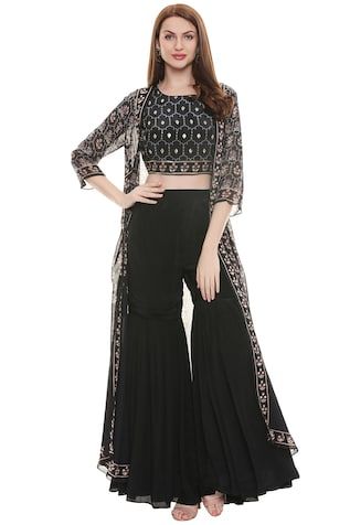 Sharara With Crop Top And Jacket, Sharara Designs With Jacket, Crop Top Sharara Set With Jacket, Diwali Outfit Indian For Teens, Sharara With Jacket, Crop Top Sharara Set, Jacket With Sharara, Top Sharara Set, Top Lehenga