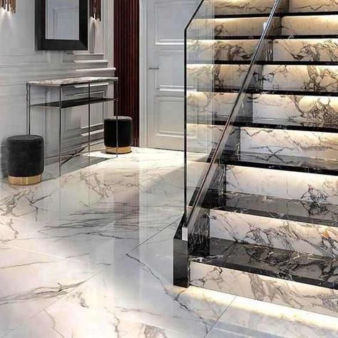 Stairs Marble, Led Staircase, Stairs Tiles Design, درج السلم, Glass Railings, Staircase Design Modern, Stairway Lighting, Marble Staircase, Marble Stairs