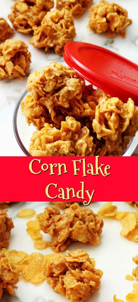 Corn flake candy is an old fashioned recipe that has been around for years. It is a fun little treat with no baking required! The fact that it only has 4 ingredients makes it even better. Sometimes this treat is called Corn Flake Cookies instead of Corn Flake Candy. Whatever you call them, everyone will love these chewy, sweet, and salty treats that are ready in no time at all! You are going to want to add this Corn Flake Candy Recipe to your candy and cookie recipe collections. Treats Made With Cereal, Frosted Flake Recipes, Corn Flake Brittle, Cookies Made With Corn Flakes, Cornflake Chews, Cereal Candy Recipes, Recipes Using Corn Flakes, Corn Flake Recipes, Cornflake Brittle