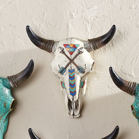 Steer Skull with Painted Arrows Wall Hanging Bull Horns Wall Decor, Longhorn Wall Decor, Western Farmhouse Decor, Horn Decor, Painted Animal Skulls, Deer Skull Art, Painted Cow Skulls, Cow Skull Decor, Cow Skull Art