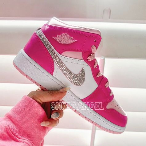 Nike Shoes | Nike Custom Air Jordan 1 Mid Barbie Pink, Hot Pink Rhinestone Sneakers | Color: Pink | Size: Various Rhinestone Nikes Shoes, Rhinestone Nike Dunks, Preppy Shoes Jordans, Badazzel Shoes, Cutest Jordans, Cute Nike Shoes Pink, Cute Shoes Jordans, Nike Shoes Cute, Unique Nike Shoes