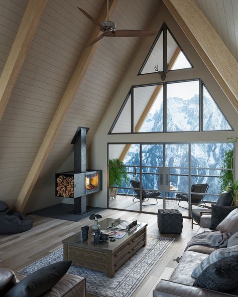 A Cabin House, A-frame Interior, Rustic Barndominium, Triangle House, Cabin Interior Design, A Frame Cabins, Bedroom Barndominium, A Frame House Plans, Frame Cabin