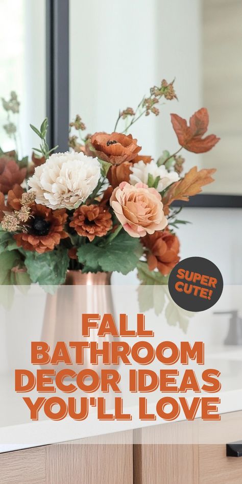 Transform your bathroom into a cozy autumn sanctuary with these charming fall bathroom decor ideas. From warm-toned towels to nature-inspired accents, bring the beauty of fall indoors. Embrace the season with pumpkins, dried florals, and rich earthy hues. Elevate your space with soft rugs, seasonal scented candles, and a touch of rustic charm. Create a welcoming atmosphere perfect for relaxing self-care routines during this cozy time of year. Fall Restroom Decor Ideas, Fall Bathroom Decor Ideas, Fall Bathroom Decor, Chrome Towel Bar, Cozy Ideas, Fall Bathroom, Soft Rugs, Fall Bedroom Decor, Halloween Mantle