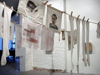 https://flic.kr/p/sm3F4 | Rajapyykit /Linen on the borderzone | Installation is made of my familys old textiles. Old photographys and letters  tell the story of war and tragedy of leaving home.  Photographed in Salo artmuseum, Finland Photographic Installation, Textile Exhibition, Old Peoples Home, Photography Installation, Photo Installation, Book Installation, Contemporary Art Installation, Fabric Installation, Photography Exhibition