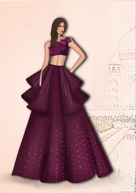 Digital illustration of indian lehenga choli with the touch of western look and pretty embroidery effect. #fashion #shimmer #wine #embroidery #embroiderypattern #indianwedding #indianfashion #indianbride #outfits #western #westernlifestyle #digital #digitalart #digitaldraw #pattern Indian Digital Illustration, Indian Wear Illustration Sketch, Lehnga Illustrations, Party Wear Drawing, Indian Dress Illustration, Western Dress Illustration, Indo Western Illustration, Indo Western Dress Illustration, Western Wear Illustration