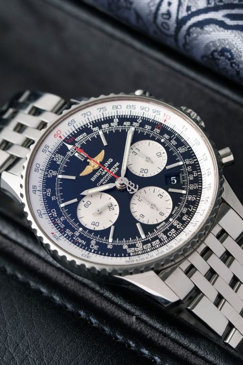 Breitling Navitimer 01 AB012012.BB01.447A steel watch with blue chronograph dial in black watch box Breitling Watches Mens, Timepiece Design, Breitling Chronomat, Breitling Watches, Pilot Watch, Wardrobe Accessories, Breitling Navitimer, Pisco, Wardrobe Style