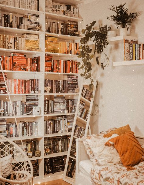 Athstetic Bookshelf, Comfy Library Room, Booklover Bedroom Ideas, Book Room Ideas Cozy, Cozy Bookworm Bedroom, Small Bedroom With Bookshelf, Room Ideas Aesthetic Bookworm, Cozy Bedroom Bookshelves, Reading Book Bedroom