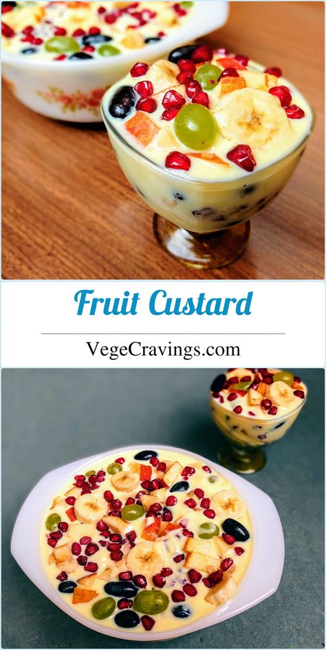 Mixed fruit salad with custard sauce. Custard Fruit Salad, Indian Fruit Salad Recipe, Mixed Fruit Salad, Fruit Pudding Recipes, Fruit Custard Recipe, Fruit Salad Ingredients, Falooda Recipe, Fruit Custard, Fruit Pudding