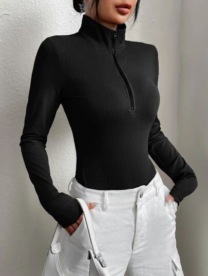 Comfy Jumpsuits, Ribbed Knit Bodysuit, Mock Neck Bodysuit, Knit Bodysuit, One Piece Bodysuit, Inspiration Mode, Affordable Clothes, Womens Bodysuit, Long Sleeve Bodysuit