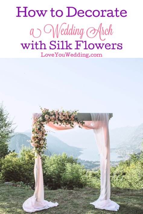 Wedding Arch Flowers And Fabric, Diy Silk Flower Arrangements Wedding, How To Make A Floral Arrangement For A Wedding Arch, Wedding Arch Decorations Diy, How To Decorate Arch For Wedding, How To Decorate An Arch For A Wedding, Decorated Wedding Arches, Metal Wedding Arch Ideas, How To Make Wedding Arch Flowers