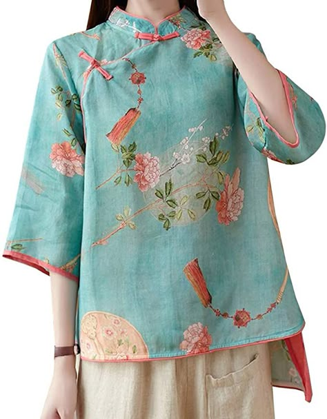 Qipao Top, Chinese Blouse, Chinese Shirt, Chinese Qipao, Women Floral Blouse, Batik Fashion, Pretty Shirts, Summer 3, Chinese Clothing