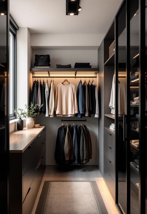 Walk in Closet Ideas Galley Style Walk In Closet, Modern Closet Designs Small Spaces, Closet Floating Shelves, Deep Narrow Closet Ideas, Small Walkin Closet, Narrow Walk In Closet, Boutique Style Closet, Floating Shelf Ideas, Modern Closet Designs