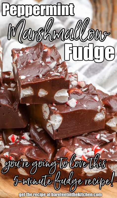 Peppermint Marshmallow Fudge Pepermint Fudge, Fudge With Marshmallows, Fudge With Marshmallow Cream, Buckeye Recipe Easy, Candy Cane Fudge, Fudge With Condensed Milk, Easy Microwave Fudge, Marshmallow Fudge Recipe, Creamy Chocolate Fudge