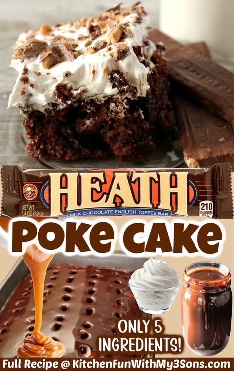 Chocolate Toffee Poke Cake, Heath Candy Dessert Recipes, Mocha Poke Cake Recipes, Simple Poke Cake, Toffee Cake Recipe Simple, Hot Fudge Poke Cake Recipe, Toffee Poke Cake Recipes, Polk Cakes Recipe, Chocolate Cream Dessert