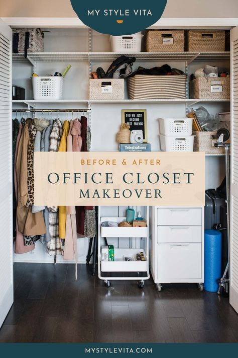 Before & After - Home Office Closet Makeover | My Style Vita #oranizingtips #closetcleanout #springcleaning Closet Filing System, Closet Organization Ideas Office, Multipurpose Closet Organization, Closet For Office Storage, Office Storage In Closet, Office Closet Storage Ideas, Closet Storage For Office, Office Storage Closet Organization, Small Office Closet Organization