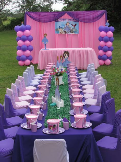 Princess Sofia Birthday Party | CatchMyParty.com Princess Balloon Decorations, Princess Sofia Birthday Party Ideas, Princess Sofia Birthday, Princess Sofia Party, 1st Birthday Princess, Sofia The First Birthday Party, Princess Balloons, Sofia Party