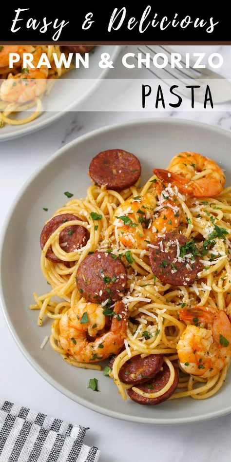 This prawn and chorizo pasta is ready in less than 20 mins. This easy pasta recipe is perfect for family dinner or weeknight dinner. Prawn Chorizo Pasta, Prawn And Chorizo Pasta, Prawn Recipes Pasta, Chorizo Spaghetti, Prawn Pasta Recipe, Prawn And Chorizo, Chorizo Pasta Recipes, Chicken Fried Rice Recipe Easy, Prawn Linguine