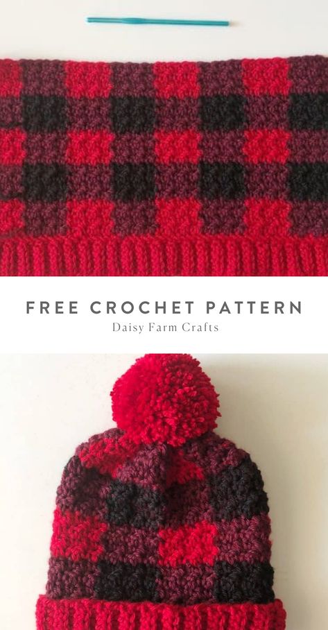 Crochet Plaid Beanie, Buffalo Plaid Crochet Hat, Buffalo Plaid Crochet Hat Pattern Free, Plaid Crochet Hat, Checked Crochet, Buffalo Plaid Crochet, Check Crochet, Picot Crochet, Crochet Plaid