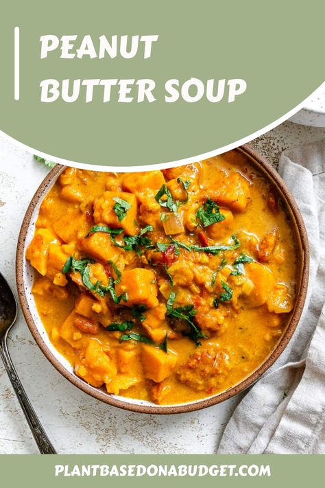 This Sweet Potato Peanut Butter Soup is incredibly flavorful and delicious! It’s simple to whip up and only takes 15 minutes of prep! Make this Sweet Potato Peanut Butter Soup for dinner this week. Butter Soup, Sweet Potato Peanut Butter, Peanut Butter Soup, Curried Sweet Potato, African Peanut Soup, Soup For Dinner, Vegan Appetizers Recipes, Plant Based Recipes Dinner, Fall Vegan Recipes