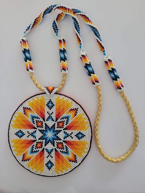 Beaded Medallion Necklace For Festivals, Beaded Medallion, Seed Bead Medallion Patterns, Traditional Beaded Medallion Jewelry, Beaded Medallion Native American, Fancy Shawl Regalia, Native Beaded Medallion Necklace, Native Artwork, Seed Bead Projects