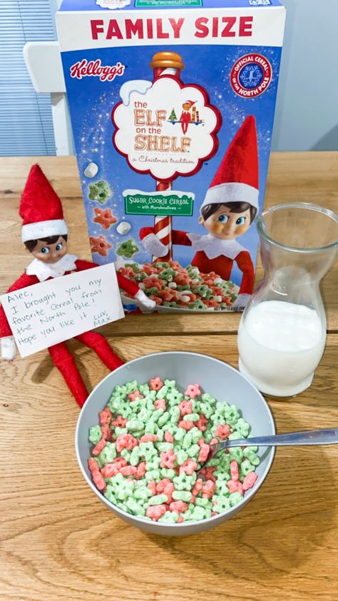 Elf With Cereal, Elf Cereal Ideas, Elf On The Shelf Cereal Ideas, Elf Cereal, Elf On The Shelf Cereal, Cereal Ideas, Elf Idea, Elf Ideas Easy, Elf Fun