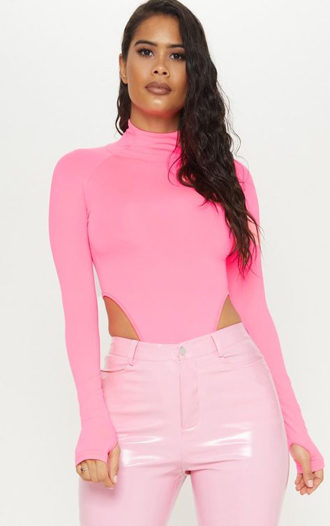 Ruffle Outfit, Belted Mini Skirt, High Neck Crop Top, Bodysuit Tops, Turtleneck Bodysuit, Pink Bodysuit, Pink Body, High Neck Long Sleeve, Women Long Sleeve Tops