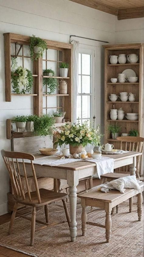 Cottage Core Dining Room, Cottagecore Dining Room, Cottage Style Dining Room, Cottage Core Home Decor, Rustic Farmhouse Dining Room, Distressed Wood Furniture, Cottage Table, Cottage Dining Rooms, Dining Room French