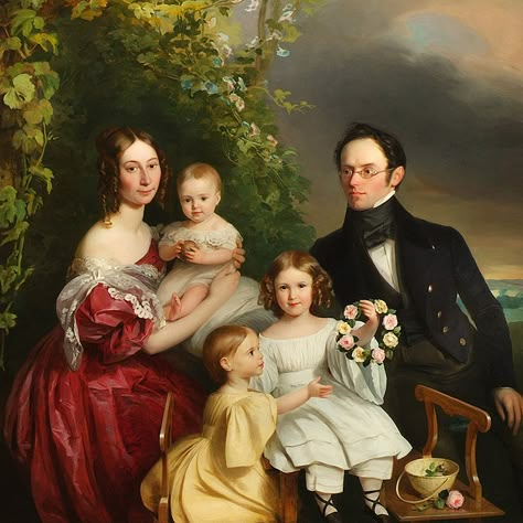 "Portrait of Ferdinand Bergmüller and His Family," 1845 -- by Franz Schrotzberg (Austrian, 1811–1889) Era Victoria, Family Portrait Painting, Victorian Portraits, Old Portraits, Romantic Era, 19th Century Art, Digital Museum, Family Painting, Historical Painting