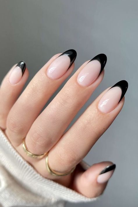 Oval Acrylic Nails, Black French Nails, Black And White Nail, Black French Tip, Space Nails, Her Nails, Black Nail Designs, Black French, Tip Nails