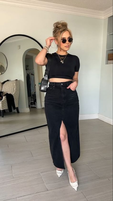 Styling Slingback Heels, Slingback Heels Outfit Dresses, Good Style Outfits, Casual Outfits With Heels, Pointed Toe Heels Outfit, Point Toe Heels Outfit, Slingback Heels Outfit, Black On Black Outfits, Chic Denim Outfits