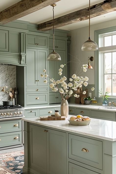 23 Green Country Kitchen Designs: Farmhouse Charm Meets Modern Elegance Green Country Kitchen, Timeless Kitchens, Sage Kitchen, Sage Green Kitchen, Country Kitchen Designs, Green Kitchen Cabinets, Casa Country, Green Cabinets, Kitchen Cabinet Colors