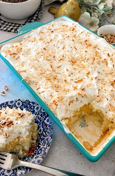 Hawaiian Pineapple Poke Cake - Most Delicious Life | Sharing Generations of Family and Fun Pineapple Poke Cake, Hawaiian Poke, Pina Colada Cake, Cream Of Coconut, Gluten Free Meal Plan, Crock Pot Desserts, Coconut Desserts, Poke Cake Recipes, Poke Cakes