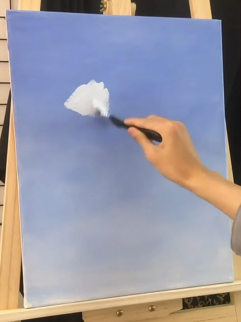 Canvas Art Tutorial Step By Step, Clouds Easy Painting, Realistic Paintings On Canvas, How To Paint A Sky With Clouds, Sky With Acrylic Paint, How To Paint Clouds On Canvas, Cloudy Sky Acrylic Painting, How To Make Clouds With Acrylic Paint, Easy Beginner Oil Painting