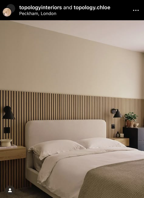 Akupanel Bedroom, Bedroom Wooden Slat Wall, Horizontal Wood Slates Behind Bed, Slated Headboard Wall, Akupanels In Bedroom, Dusk Bed, Japandi Style Bedroom, Japandi Bedroom Ideas, Japandi Furniture