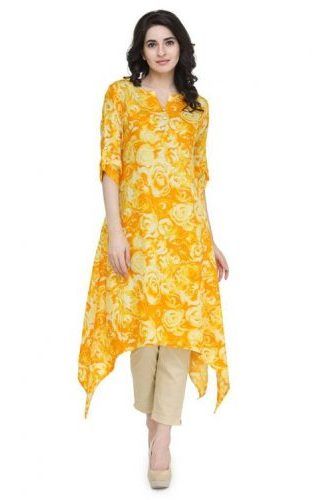 trail cut kurti design High Low Kurti, Kerala Saree Blouse Designs, Yellow Flower Print, Latest Kurti, Simple Kurta Designs, Kurti Patterns, Kurti Designs Latest, Kurti Collection, Designs For Dresses