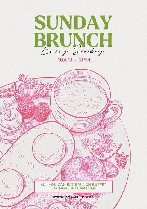 Tea Party Poster Design, Sunday Market Poster, Food Posters Illustration, Brunch Poster Design Ideas, Art Sale Poster, Korean Food Social Media Design, Poster Design Company, Brunch Flyer Ideas, Cafe Design Poster