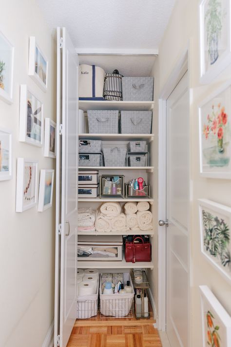 Storage Closet Organization & Bathroom Makeover | Katie's Bliss Organiser Son Dressing, House Closet, Bathroom Closet Organization, Organized Closet, Hallway Closet, Closet And Bathroom, Closet Hacks Organizing, Diy Bathroom Storage, Bedroom Organization