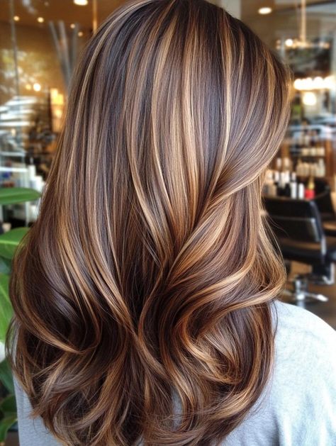 Stunning Fall Highlights for Brown Hair: Ideas to Elevate Your Autumn Look Fall Hair With Highlights And Lowlights, Brunette With Highlights And Layers, Caramel Tips On Brown Hair, Fall Brunette Hair With Highlights, Blonde Blended Highlights On Brown Hair, Caremark Highlights, Caramel Ash Brown Hair, Shoulder Length Hair Brown Highlights, Long Straight Hair Highlights