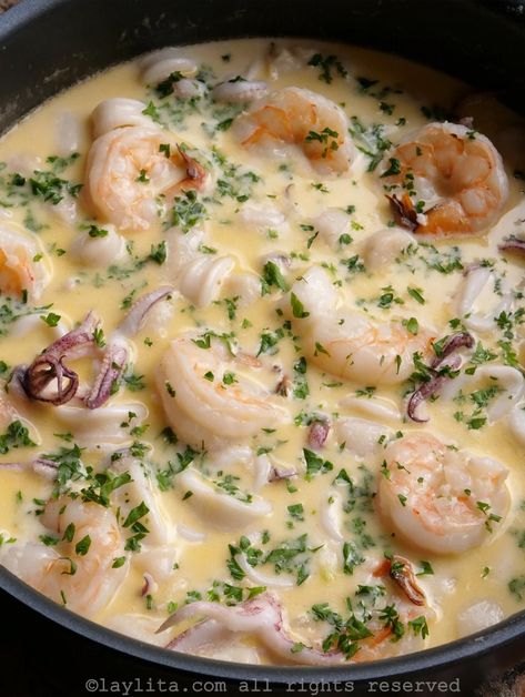 Indulge in a luxurious seafood experience with this Creamy Garlic Wine Seafood Delight. Perfectly crafted by Laylita's Recipes, this dish combines succulent seafood with a rich, garlicky wine sauce that will transport your taste buds to a coastal paradise. Whether you're hosting a dinner party or treating yourself to a special meal, this recipe is sure to impress with its elegant flavors and creamy texture. Dive into a culinary adventure with this exquisite seafood creation. Shrimp Al Ajillo Recipe, Garlic Wine Sauce, Seafood Medley Recipes, Shrimp In Garlic Sauce, Mixed Seafood Recipe, Mixed Seafood, Seafood Delight, Seafood Medley, Zucchini Side Dishes