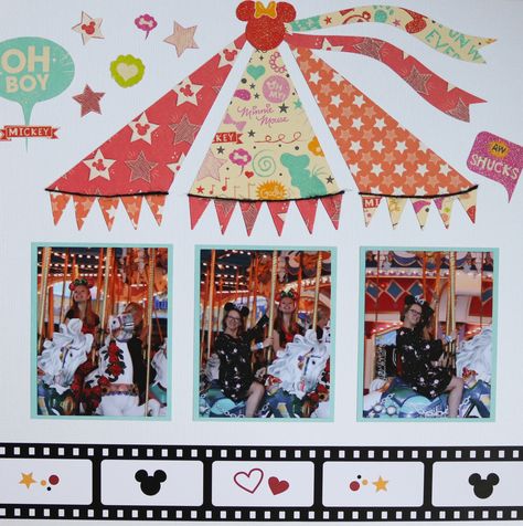 Disney Carousel Scrapbooking Layout Carousel Scrapbook Layout, Fair Scrapbook Pages, Carnival Scrapbook Layouts, Theme Park Scrapbook Layouts, County Fair Scrapbook Layouts, Disneyland Scrapbook Ideas, Circus Scrapbooking Layouts, Magic Kingdom Scrapbook Layouts, Disney World Scrapbook Layouts